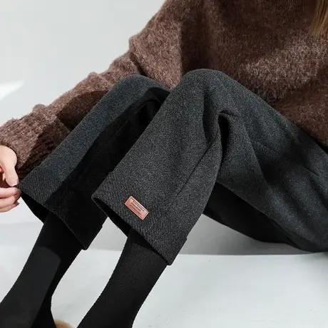 毛呢裤子女秋冬阔腿2023新款高腰显瘦休闲九分宽松黑色加厚直筒裤商品大图