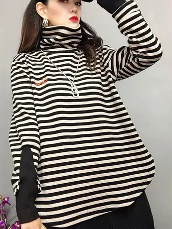 2023秋冬加厚T恤女高领显瘦条纹拼接刺绣加绒卫衣时尚百搭打底衫商品大图