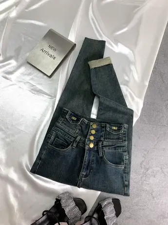 美式排扣假口袋加绒牛仔小脚裤女2023冬季新款显瘦百搭高腰包臀裤商品大图