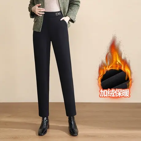 黑色高腰加绒小直筒裤女2023秋冬新款显瘦小脚长裤通勤休闲西装裤商品大图