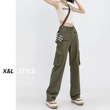 军绿色美式高街工装裤女秋季2023新款宽松阔腿多口袋休闲牛仔裤子图片