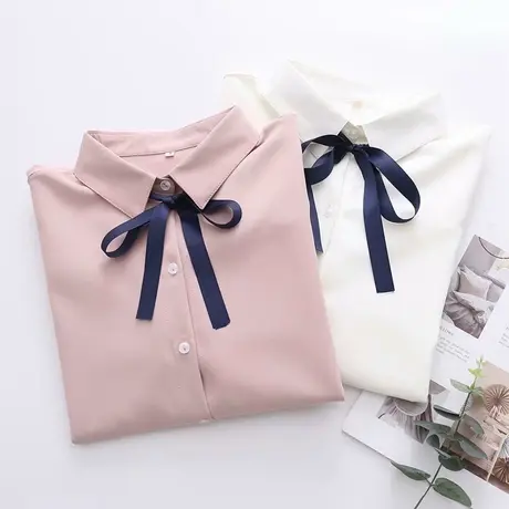 雪纺衬衫女学生2020春秋新款韩范chic港味系带蝴蝶结百搭打底衬衣图片