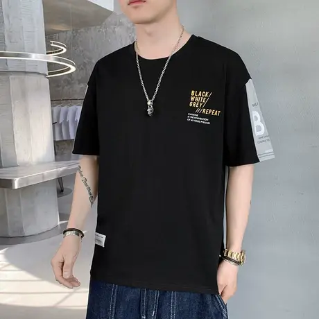 夏季薄款纯棉港风日系圆领印花男士短袖T恤上衣服打底衫潮牌男装图片