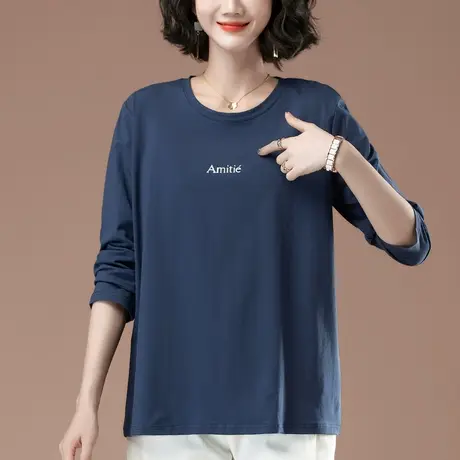 加肥加大码长袖t恤女春秋装新款纯棉中年妈妈百搭宽松显瘦打底衫商品大图