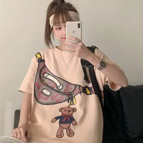 原宿风短袖t恤女夏装2021新款宽松韩版纯棉设计感小众上衣服ins潮商品大图