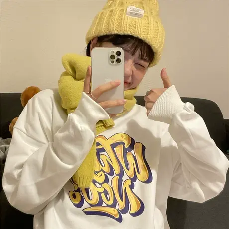 红续圆领卫衣女2023新款春装薄款韩版宽松设计感小众学生百搭上衣商品大图