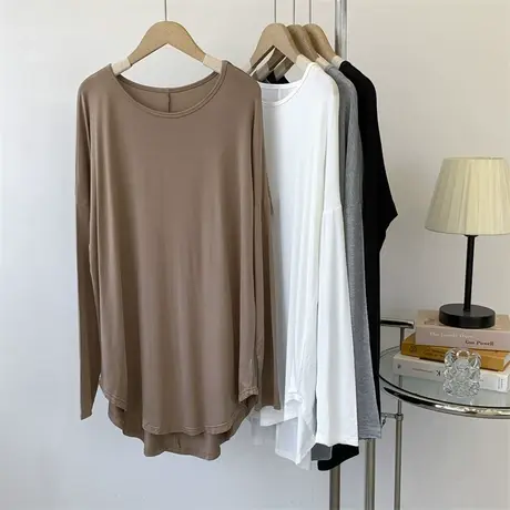 莫代尔长袖T恤裙夏季垂坠感宽松大码休闲居家睡裙打底衫女舞蹈服商品大图