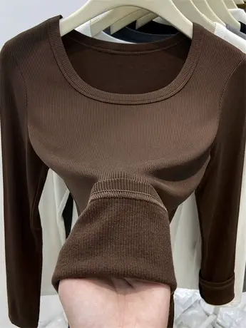 复古方领加绒打底衫女秋冬2023新款修身磨毛内搭显瘦螺纹薄绒上衣图片