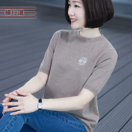 2025春季装新款圆领刺绣五分袖休闲宽松半截袖上衣针织衫毛衣中袖商品大图