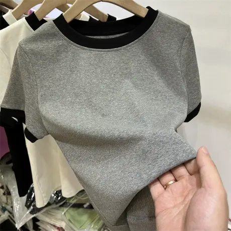 修身显瘦拼接撞色上衣女2024年夏季新款短款短袖打底衫内搭T恤潮商品大图