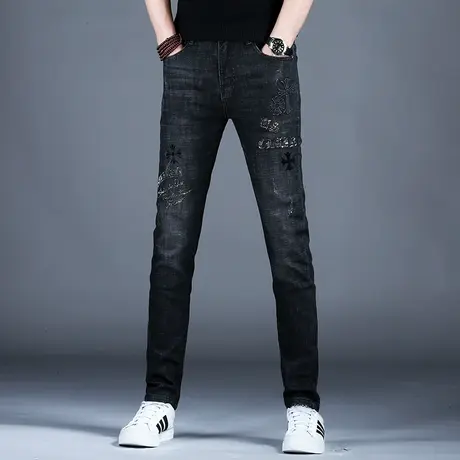 男士刺绣牛仔裤男款秋冬款小脚修身裤子潮流2023新款弹力潮牌长裤商品大图