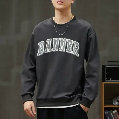 春秋款美式高街中性风打底衫秋冬季男生痞帅印花假两件圆领卫衣服商品大图