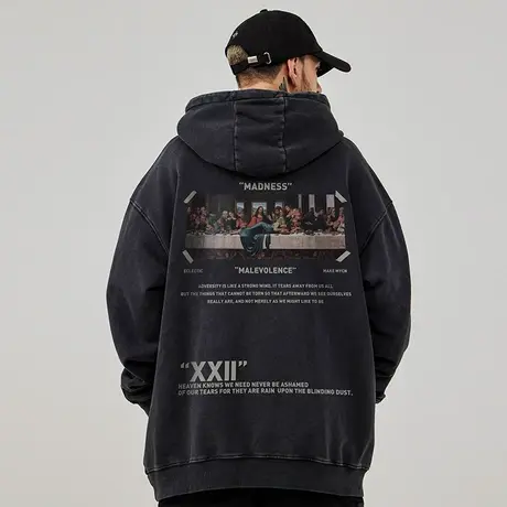 大码连帽美式重磅复古胖子男装潮流宽松水洗做旧卫衣加绒春秋冬季图片