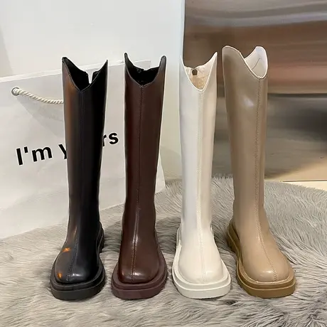 薄款靴子女不过膝黑色高筒骑士靴粗跟圆头拉链时装靴新款厚底长靴商品大图