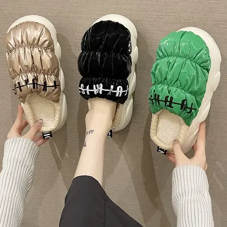 棉拖鞋女冬季外穿时尚字母室内家居加绒保暖厚底防水防滑包头拖鞋商品大图