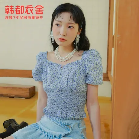 韩都衣舍碎花衬衫女年夏季新款气质方领泡泡短袖上衣JZ15062图片
