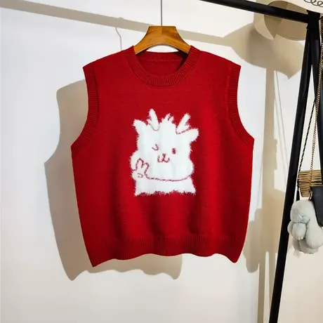 龙年红色针织马甲女秋冬2024新款内搭本命年无袖坎肩毛衣背心外搭商品大图
