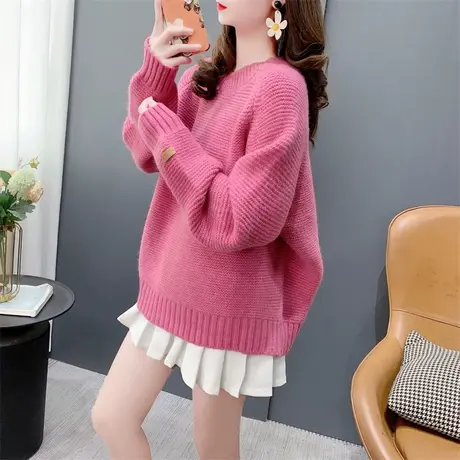 奶fufu加厚软糯圆领毛衣女套头2023年新款秋冬宽松小个子百搭上衣商品大图