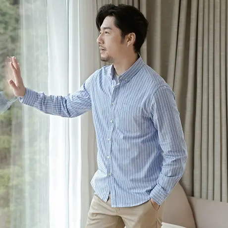 格慕施秋季牛津纺竖条纹衬衫男纯棉商务休闲条纹长袖衬衣大码男装图片