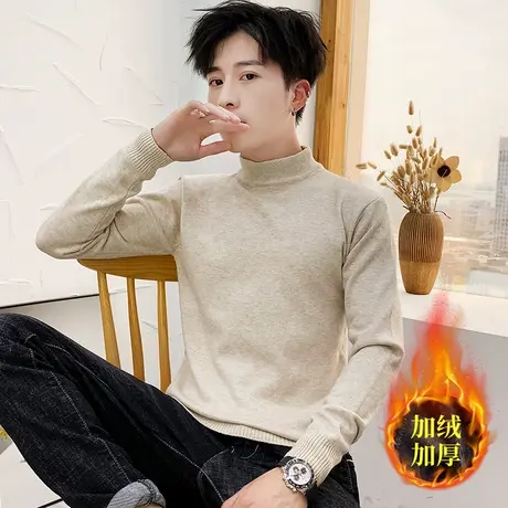 男士半高领毛衣男秋冬潮流针织衫线衣纯色百搭加绒加厚中领打底衫商品大图