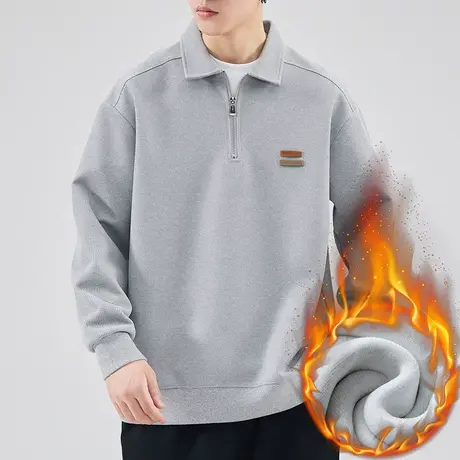 男士加绒保暖半开衫翻领上衣外套冬季加厚重磅长袖卫衣秋冬款男装商品大图