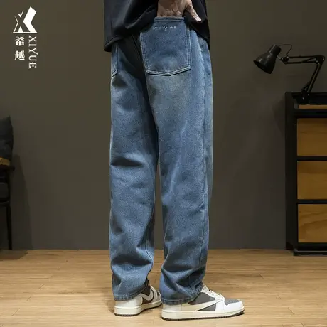 希越超柔绒春秋季男士美式复古直筒牛仔裤加绒加厚潮流休闲长裤子商品大图