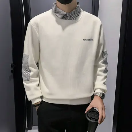 假两件加绒卫衣男秋冬2023新款个性条纹衬衫领轻熟字母刺绣打底衫商品大图