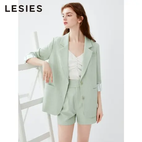 蓝色倾情2021春夏新款 抹茶绿七分袖折边早春西装外套职业上衣商品大图