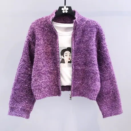 复古短款翻领拉链毛衣外套女冬季2023新款宽松设计感外搭针织开衫图片