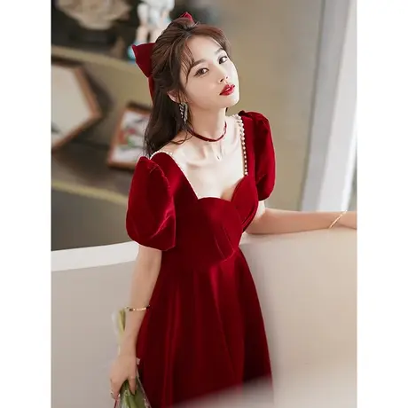 敬酒服2024新款新娘高级感酒红色连衣裙订婚礼服平时可穿日常法式图片