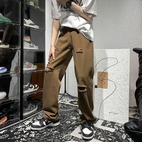 破洞牛仔裤男秋冬新款潮牌ins宽松直筒裤百搭垂坠感潮流休闲长裤商品大图