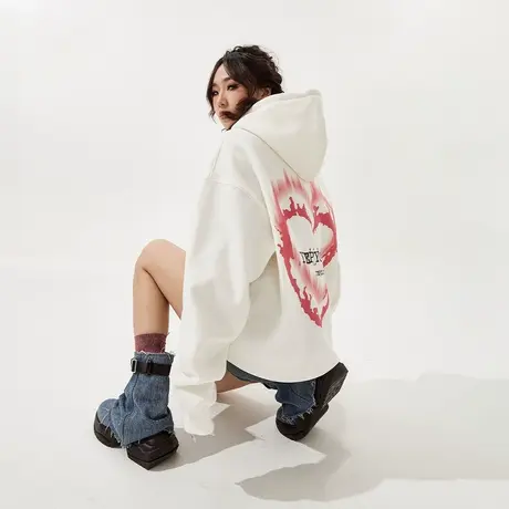 YEP复古白色连帽卫衣女2024年春季新款爱心潮牌宽松oversize外套商品大图