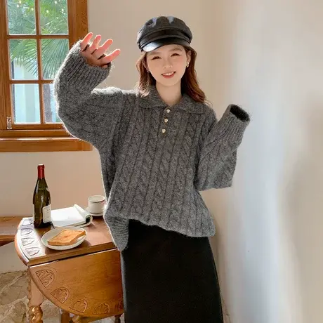 othermix麻花翻领毛衣女2024春季新款宽松小个子短款针织灰色上衣图片