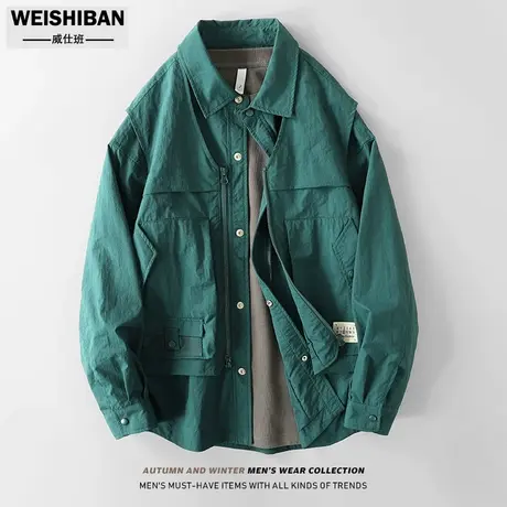 2023春季新款复古工装假两件宽松夹克男美式休闲双拉链衬衣式外套图片