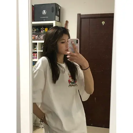 纯棉重磅兔子印花短袖t恤女2023年新款春夏季设计感韩版宽松上衣商品大图