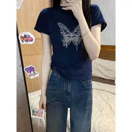 设计感小众别致短袖T恤女夏装百搭韩版修身显瘦蝴蝶印花上衣体恤图片
