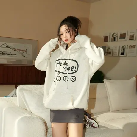 YEP美式复古笑脸连帽卫衣女春季2024新款印花情侣装上衣宽松外套图片