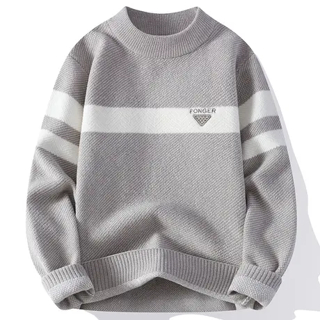 刺绣提花毛衣男士半高领打底衫加绒厚款青年保暖羊毛衫秋冬季潮流商品大图