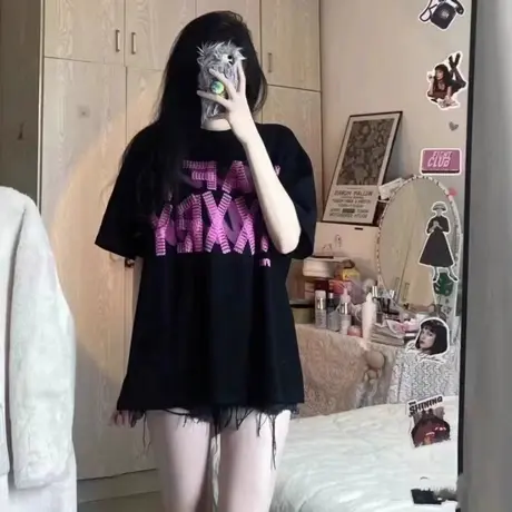 2024新款黑色纯棉短袖t恤女夏季中长款半袖宽松百搭修身内搭上衣商品大图