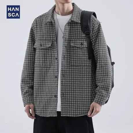 hansca小香风高级感长袖衬衫男士秋季复古千鸟格休闲翻领衬衣外套图片