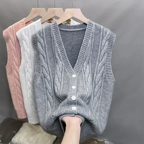 2024年春装新款无袖V领外搭上衣女毛衣洋气单排纯色针织衫女马甲商品大图