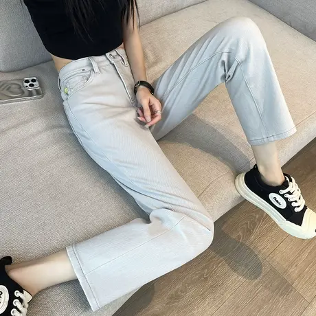 米白色宽松直筒牛仔裤女春夏新款高腰显瘦九分小个子法棍烟管裤子商品大图