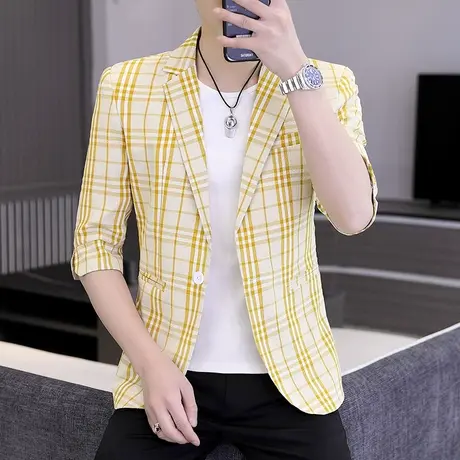 男士七分袖西服夏季潮流休闲格子单西上衣外套薄款男装中袖小西装商品大图