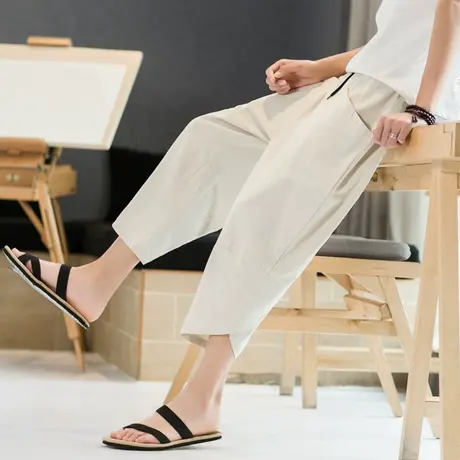 冰丝短裤男夏季薄款七分裤男士亚麻裤中国风棉麻运动裤休闲7分裤商品大图