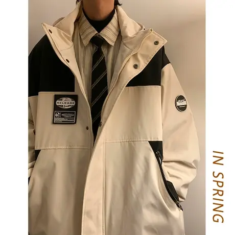 美式复古拼接撞色连帽外套男秋冬季新款潮流宽松休闲拉链开衫夹克商品大图