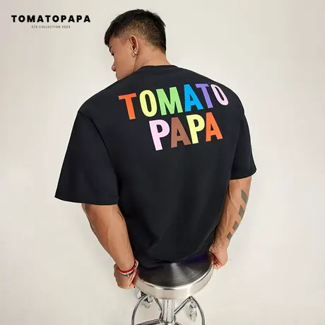 TOMATOPAPA夏日潮T恤彩虹字母烫画重磅棉高街潮流体恤衫青年上衣商品大图