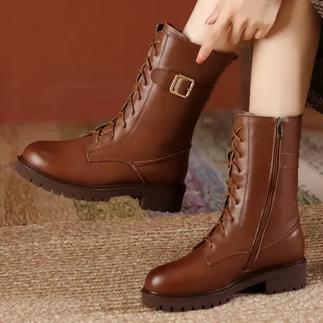 2023新款秋季平底马丁靴潮加绒棉鞋真皮大码中筒靴41一43休闲女靴商品大图