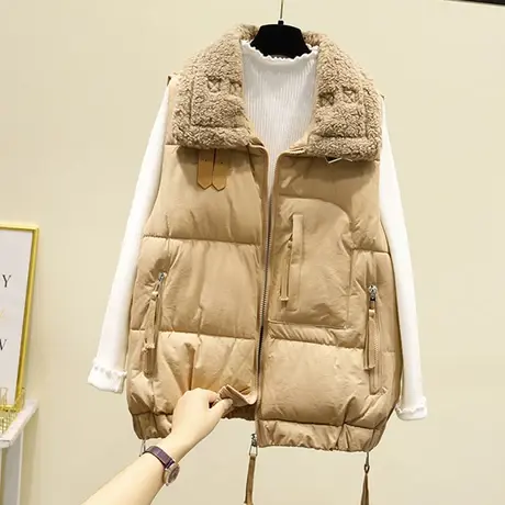 2023年秋冬新款韩版宽松羽绒棉马甲女短款拼接羊羔毛马夹背心外套图片