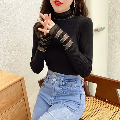 2021秋冬新款蕾丝半高领毛衣女修身黑色内搭打底衫上衣洋气针织衫商品大图