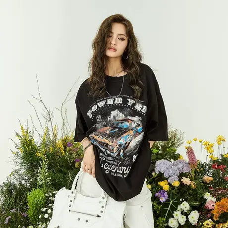 YEP美式复古短袖t恤女2023新款夏装纯棉宽松半袖汽车上衣ins潮牌商品大图